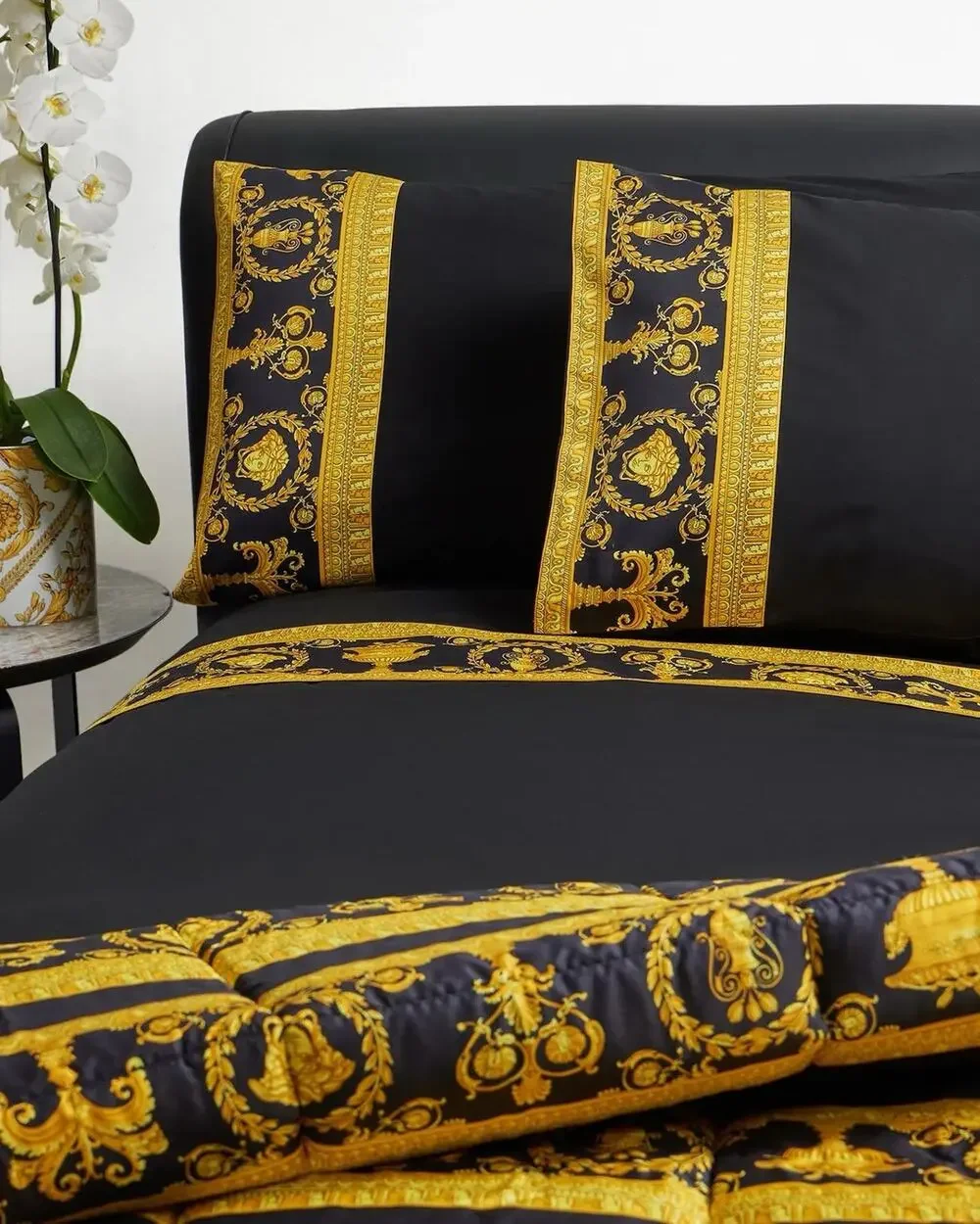 NIB Versace Home Bed Sheet Set 4 Pieces Black Gold Barocco Print Size King